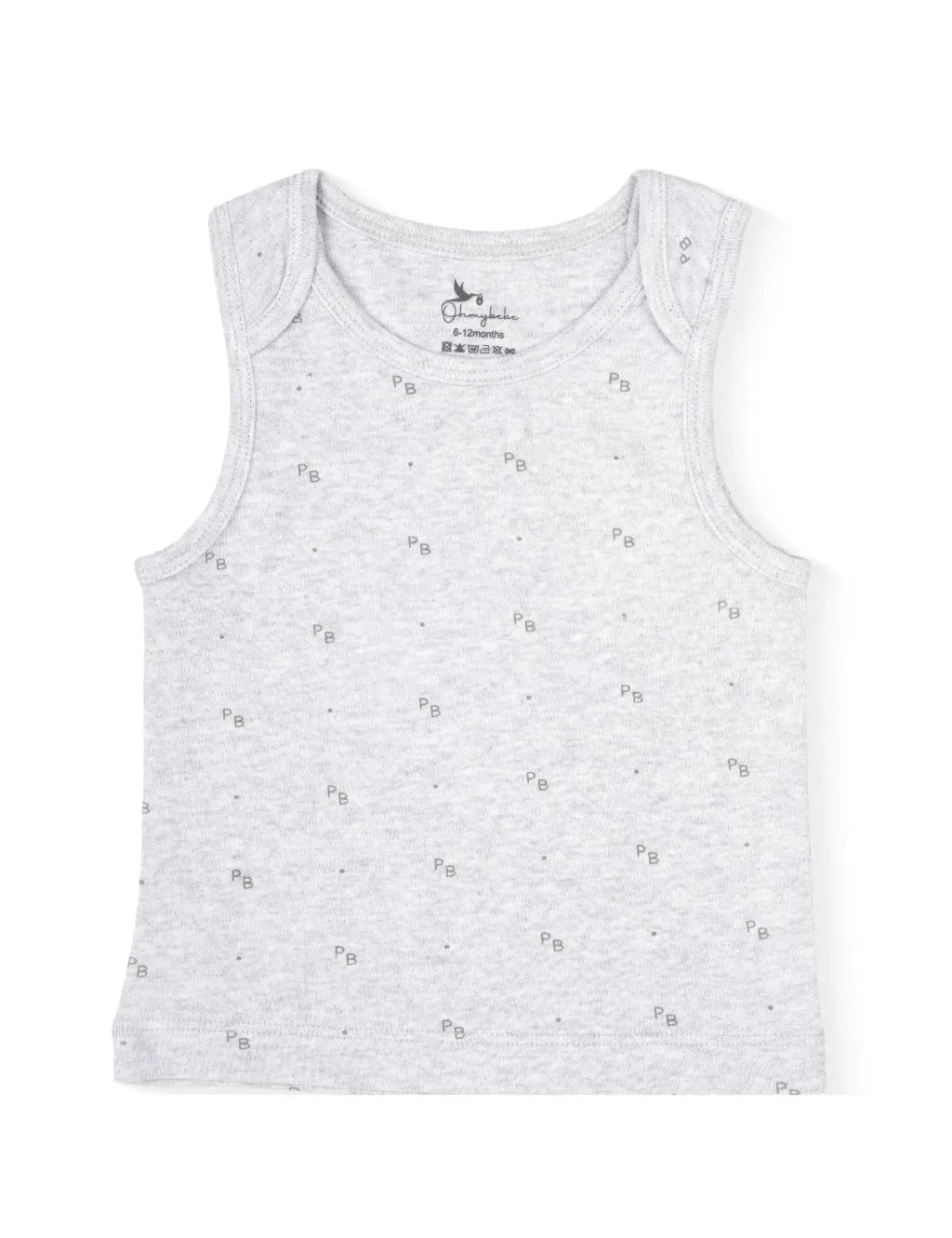 A sleeveless light grey heather baby tank top featuring a delicate, scattered pattern of small grey letters, laid flat against a plain white background.