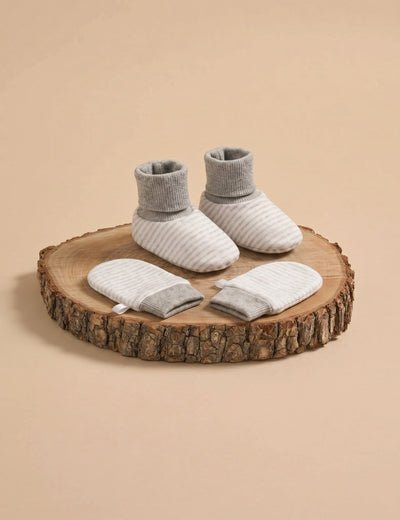 Organic Cotton Baby Booties & Mittens Set – Grey Stripe