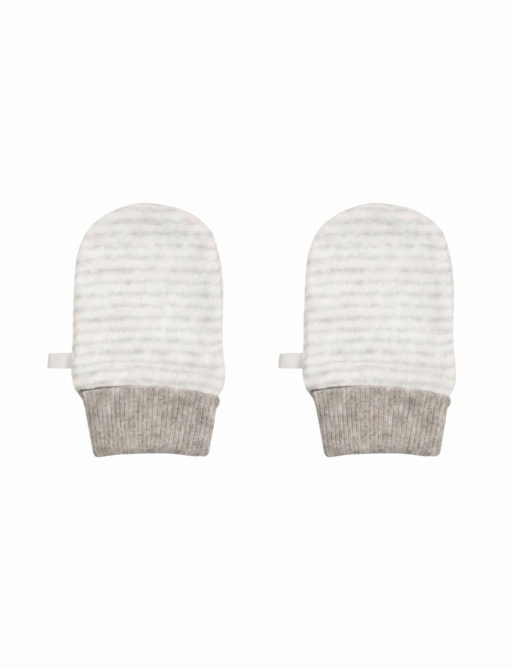 A pair of cream-colored baby scratch mittens featuring thin horizontal grey stripes and solid grey ribbed cuffs, laid flat against a plain white background.
