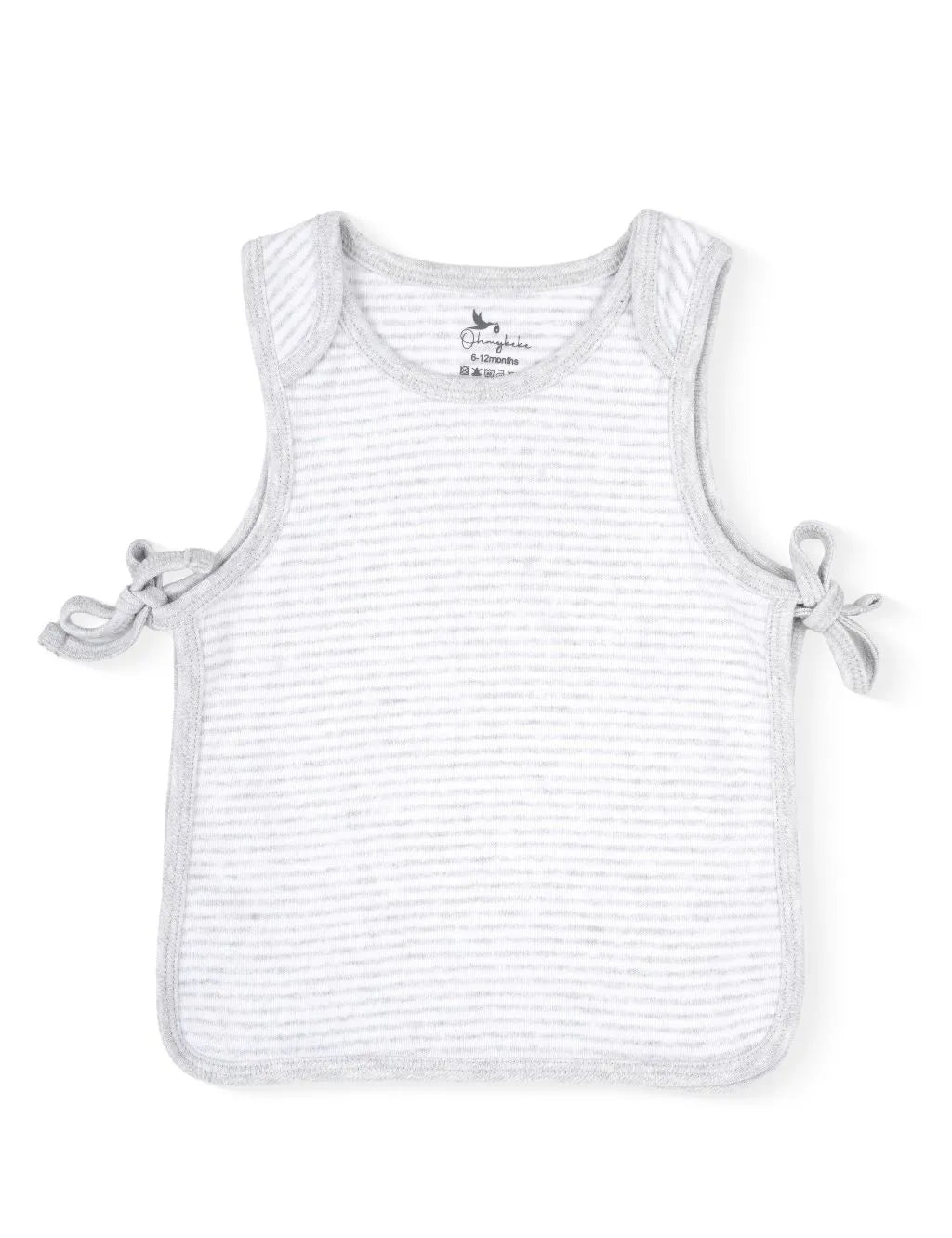 A sleeveless white baby tank top featuring thin horizontal grey stripes, light grey textured trim along the edges, and adjustable side-tie closures on both sides, laid flat against a plain white background