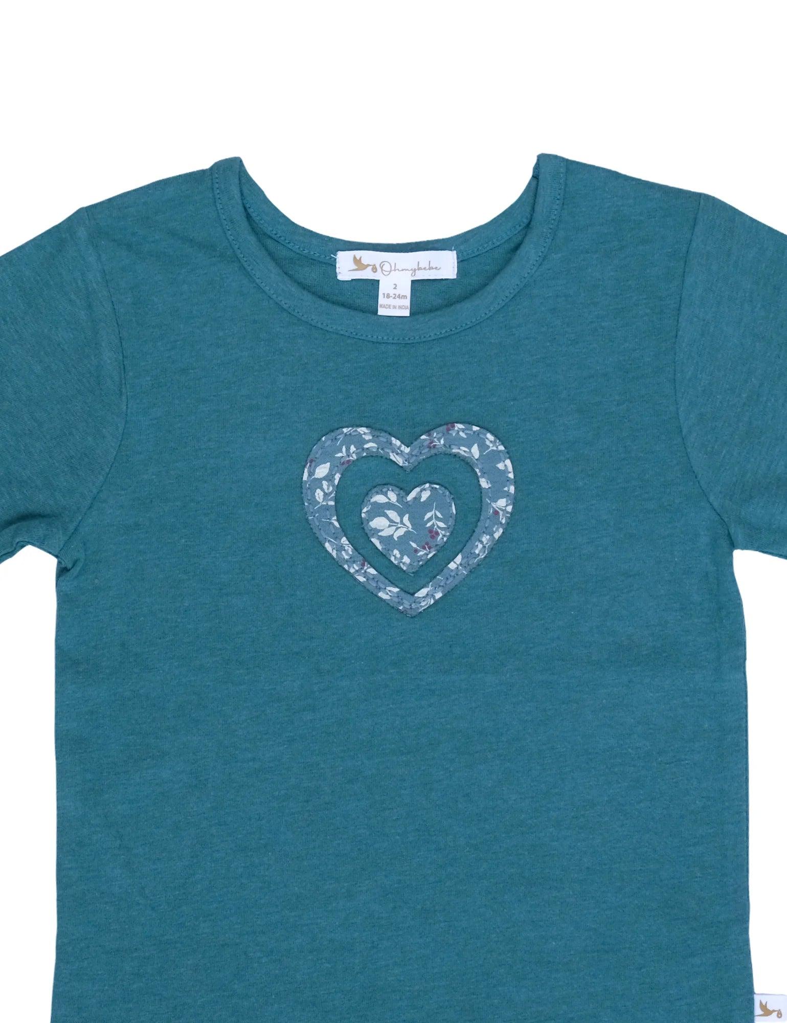 Teal organic cotton baby top with double heart floral applique, size 18-24 months