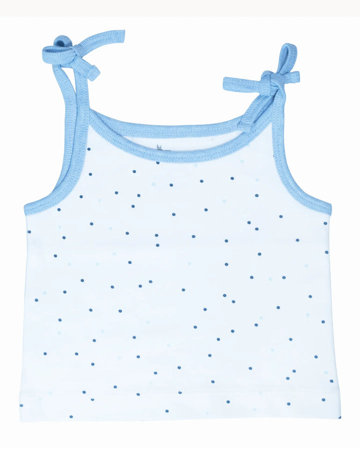  White baby singlet with small blue polka dots and light blue trim, featuring tie-shoulder straps. Shop comfortable baby tank tops online in India.