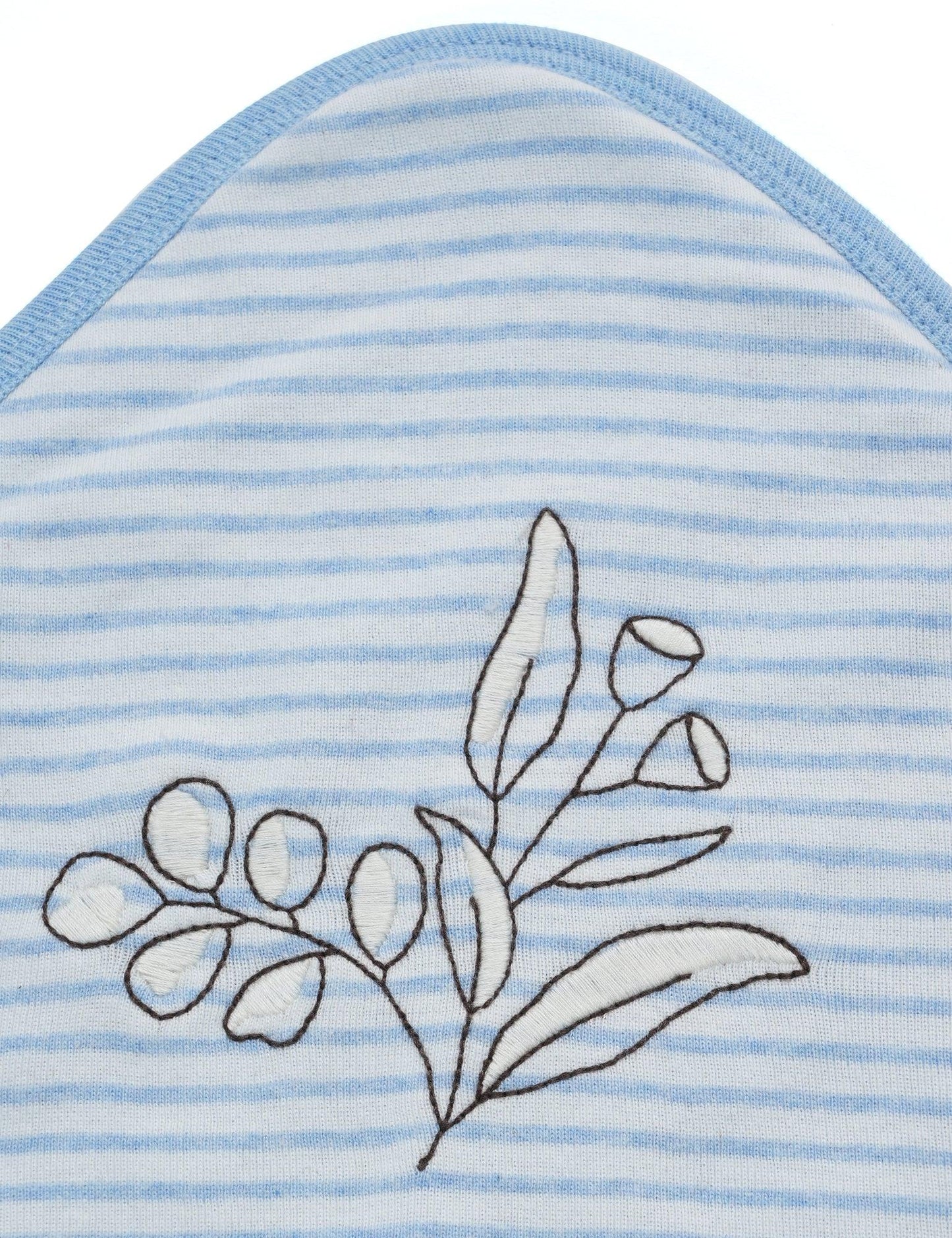 Blue and white striped baby hooded towel with eucalyptus leaf embroidery and blue trim