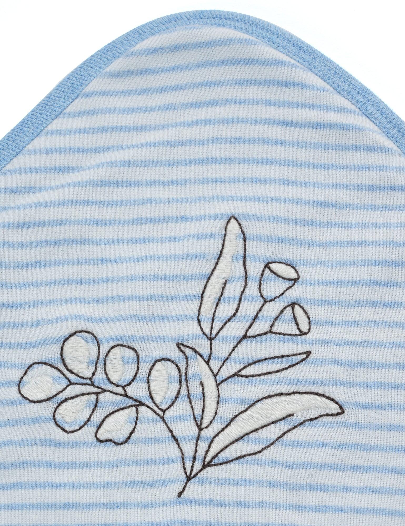 Blue and white striped baby hooded towel with eucalyptus leaf embroidery and blue trim