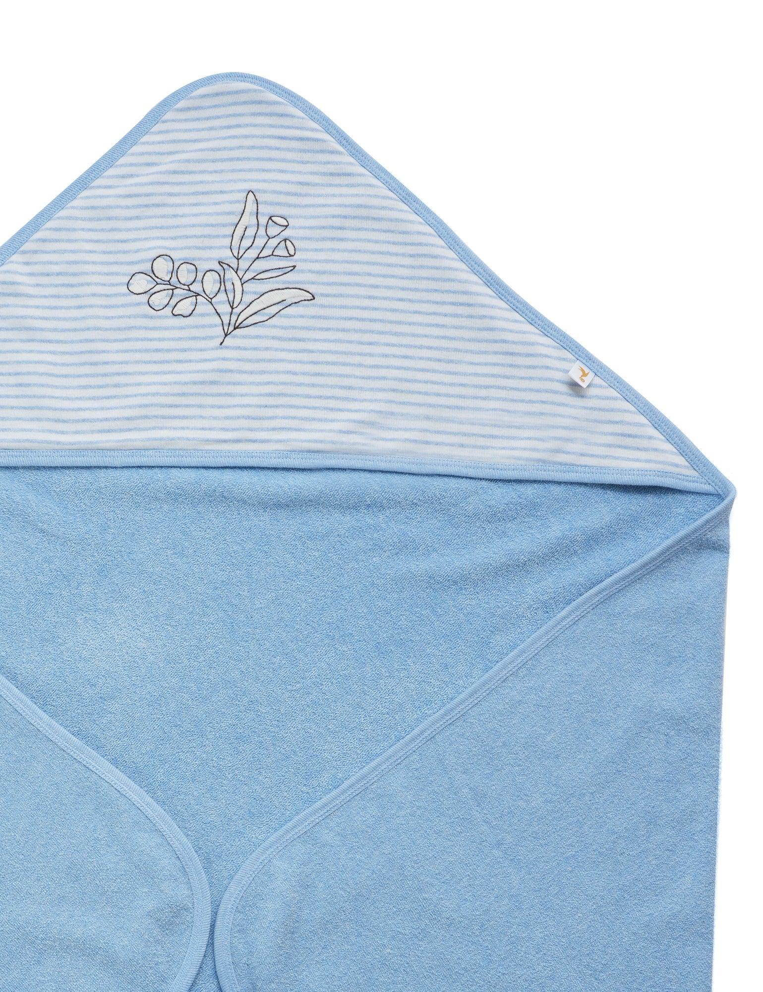 Blue hooded baby towel with striped hood and embroidered leaf design