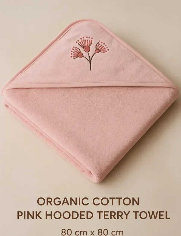 Organic cotton pink hooded terry towel with floral embroidery, 80x80 cm