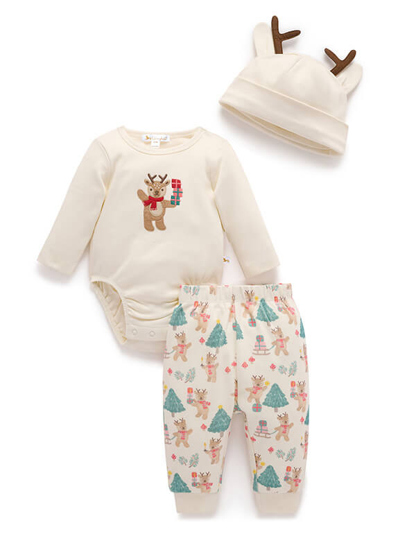 Baby outfit set with onesie, pants, and hat on a white background