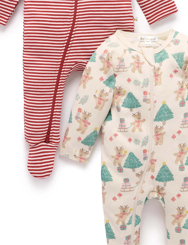 Two baby onesies on a white background, one red and white striped, the other with Christmas-themed design.