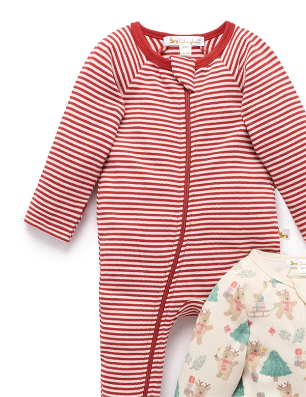 Red and white striped baby onesie with a matching bag on a white background