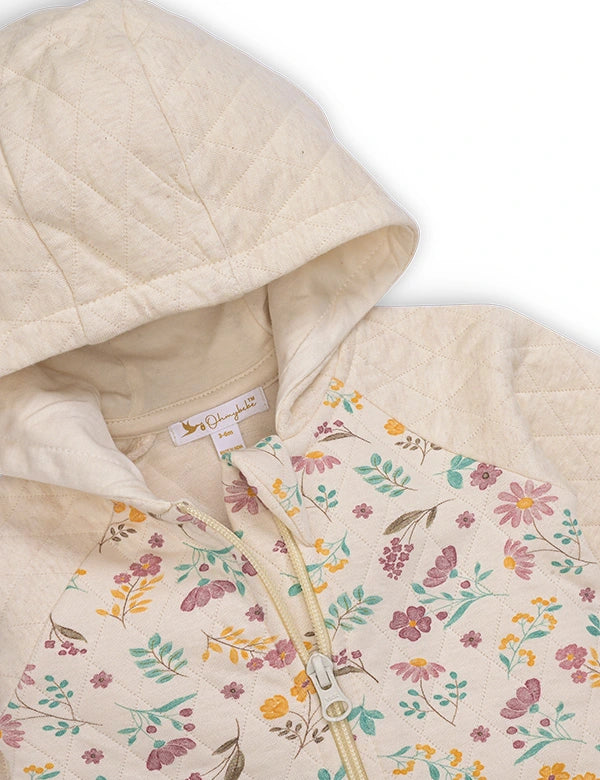 Quilted beige baby hoodie with pastel floral print and front zipper closure