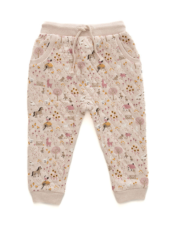 Beige quilted toddler jogger pants with farm animal and nature print, elastic waistband and pockets