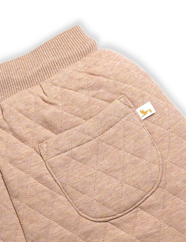Beige quilted jacket with a brand logo on a light gray background