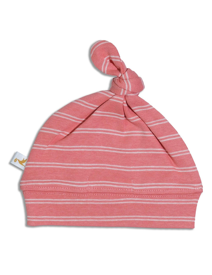 Cute baby beanie hat in pink with thin white stripes and a soft knot on top. Provides warmth and style. Shop adorable baby hats India.
