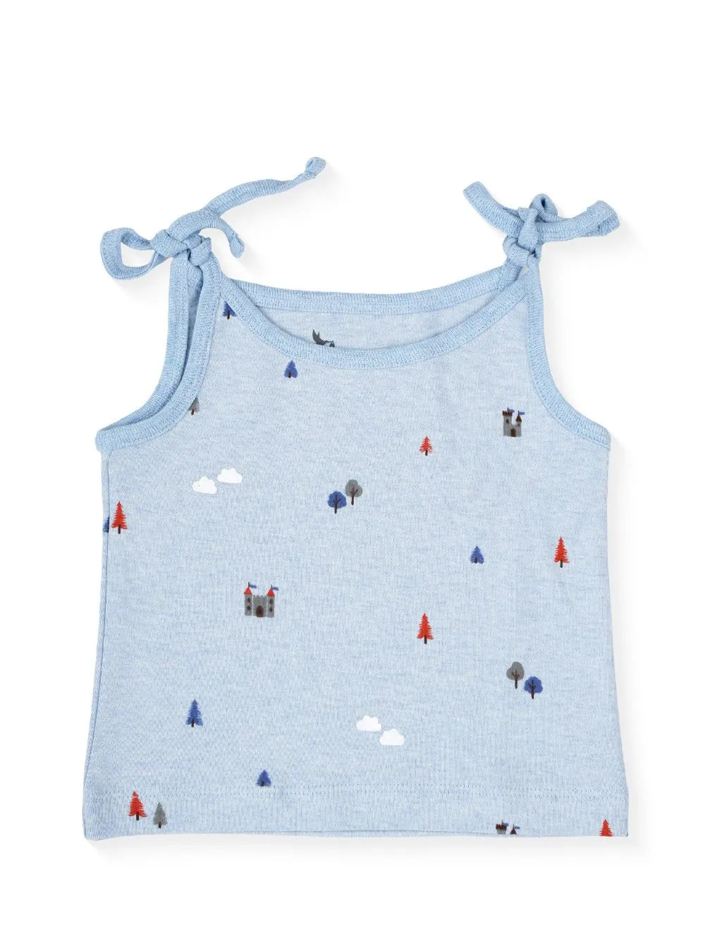 A light blue heather sleeveless baby camisole tank top featuring a whimsical pattern of tiny castles, colorful trees, and white clouds. The top is finished with textured light blue trim and adjustable tie-up shoulder straps, laid flat against a plain white background.