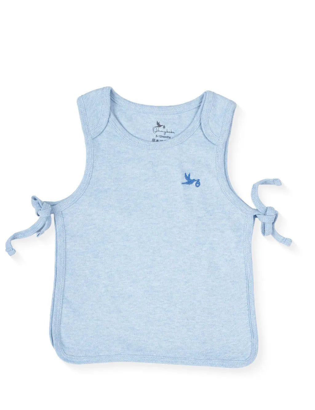 A sleeveless light blue heather baby tank top featuring a small embroidered bird graphic on the left chest, textured trim along the edges, and adjustable side-tie closures on both sides, laid flat against a plain white background.