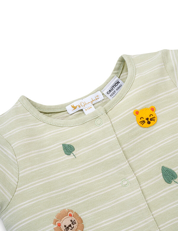Light green baby onesie with white stripes, lion and tiger face patches, and leaf embroidery