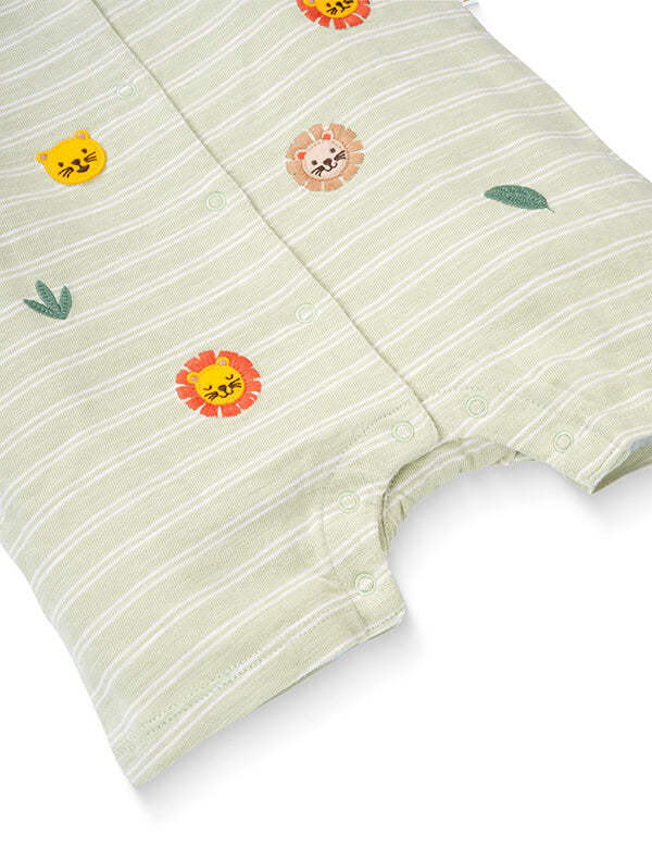 Light green baby romper with white stripes and embroidered lion and tiger faces with button snaps