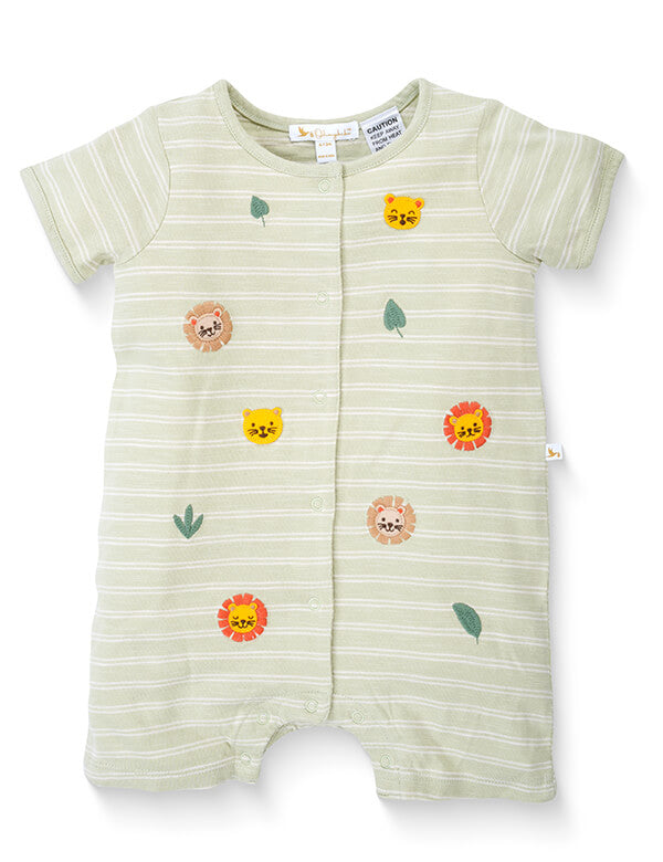 Light green baby romper with white stripes, featuring embroidered lions, tiger faces, and green leaves