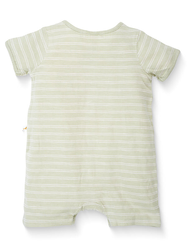 Light green baby romper with white horizontal stripes, short sleeves, and round neckline