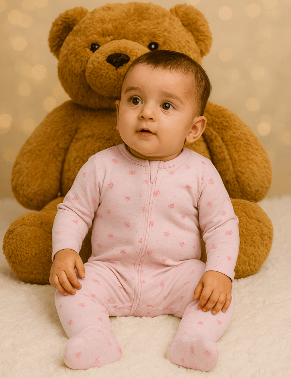 Baby in pink onesie sitting on soft white surface with large brown teddy bear behind