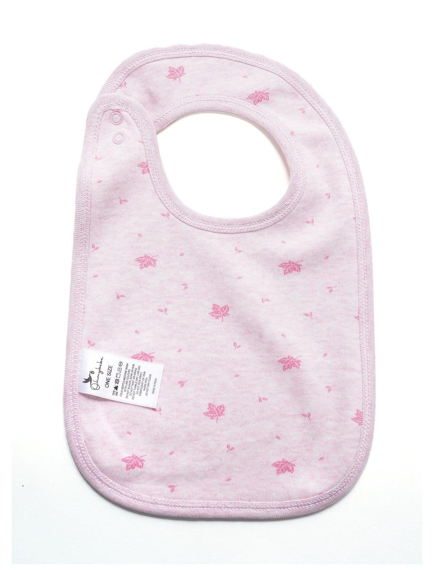 Pink organic cotton baby bib with maple leaf print and adjustable snap closures