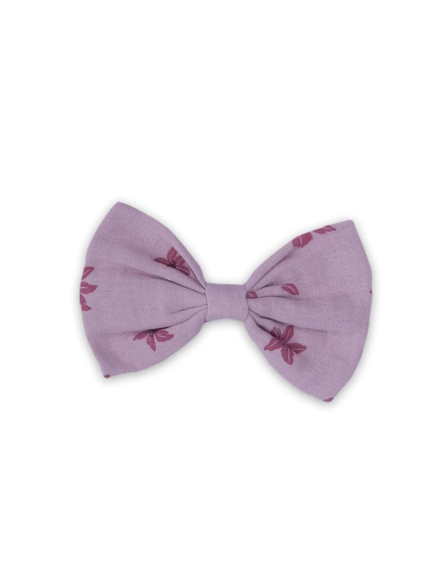 Purple fabric baby hair bow clip with small red floral print on white background