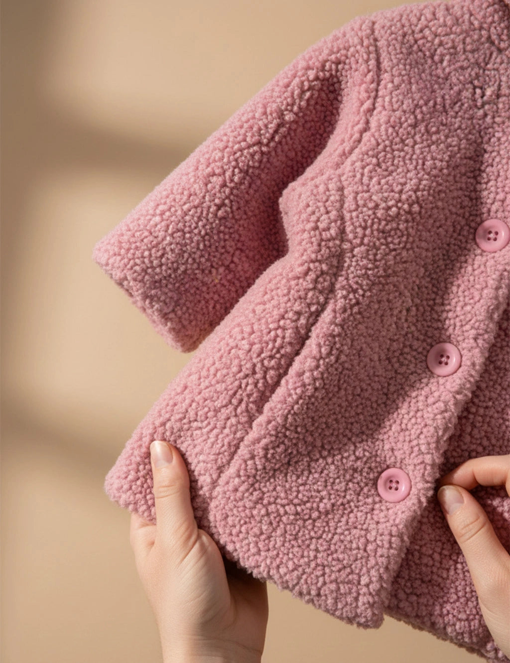 Baby Girl Mauve Hooded Sherpa Fleece Jacket with Button Closure, Winter Gifting Idea.
