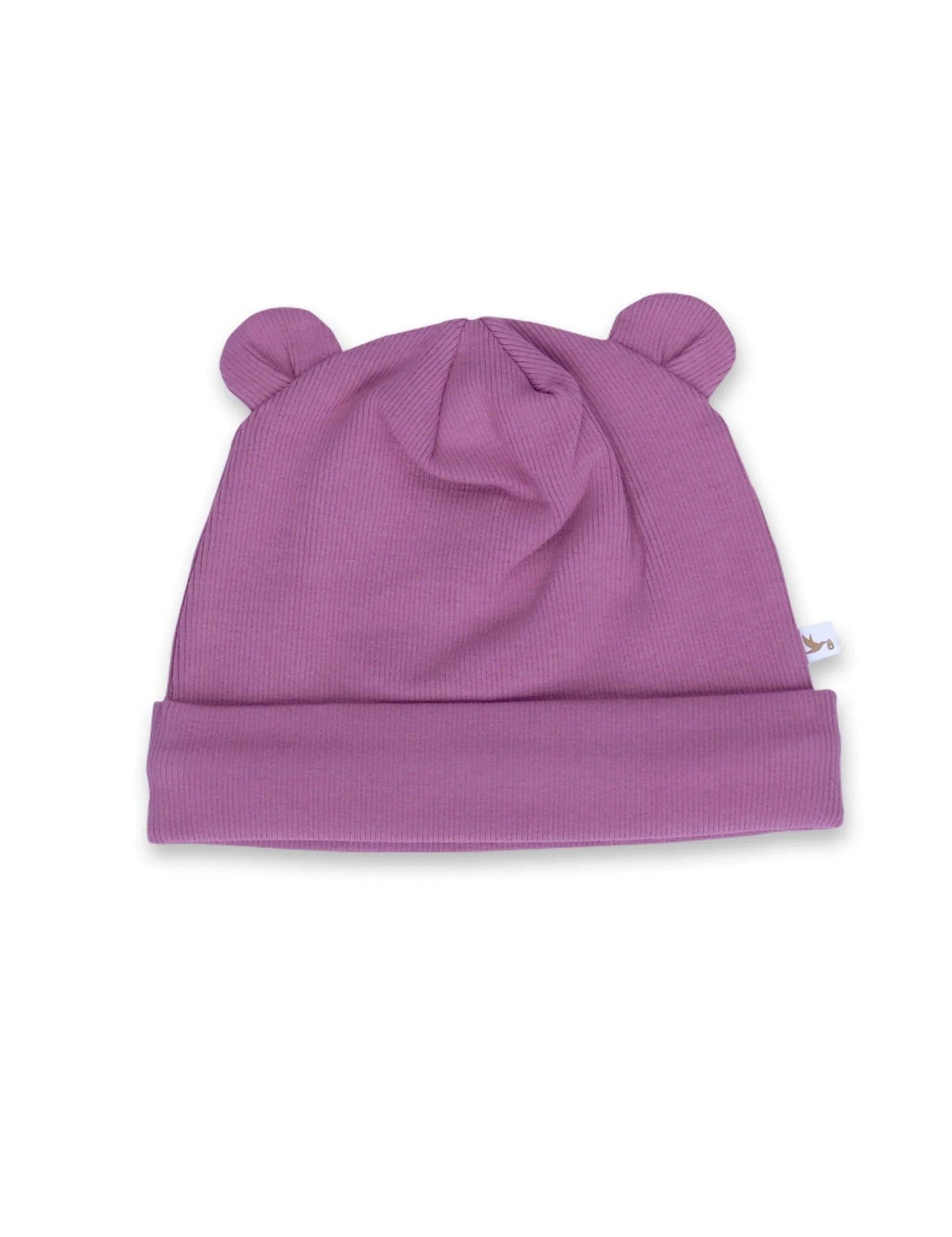 Mauve organic cotton baby beanie with cute bear ears on white background