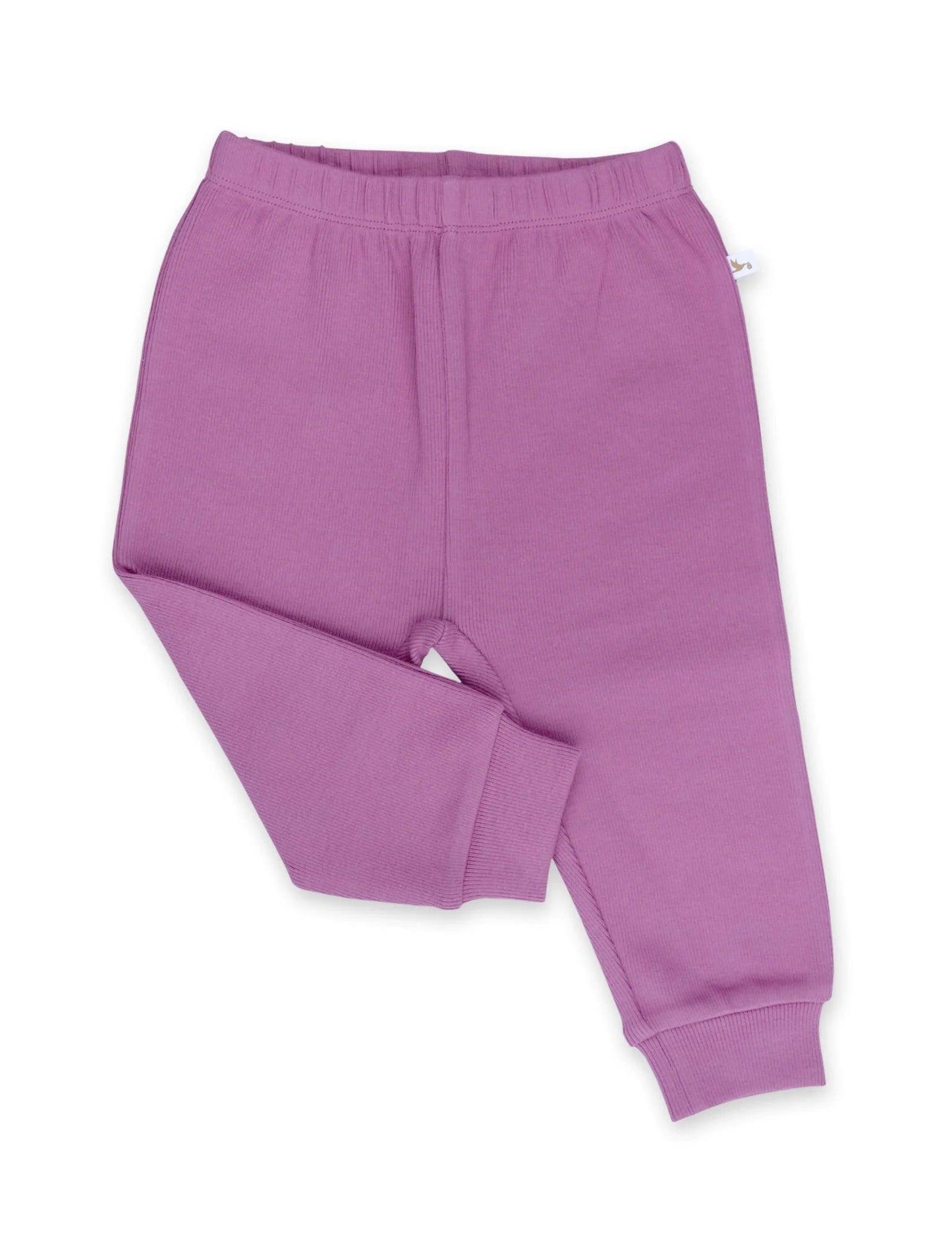 Mauve organic cotton baby pants with elastic waistband and ribbed cuffs on white background