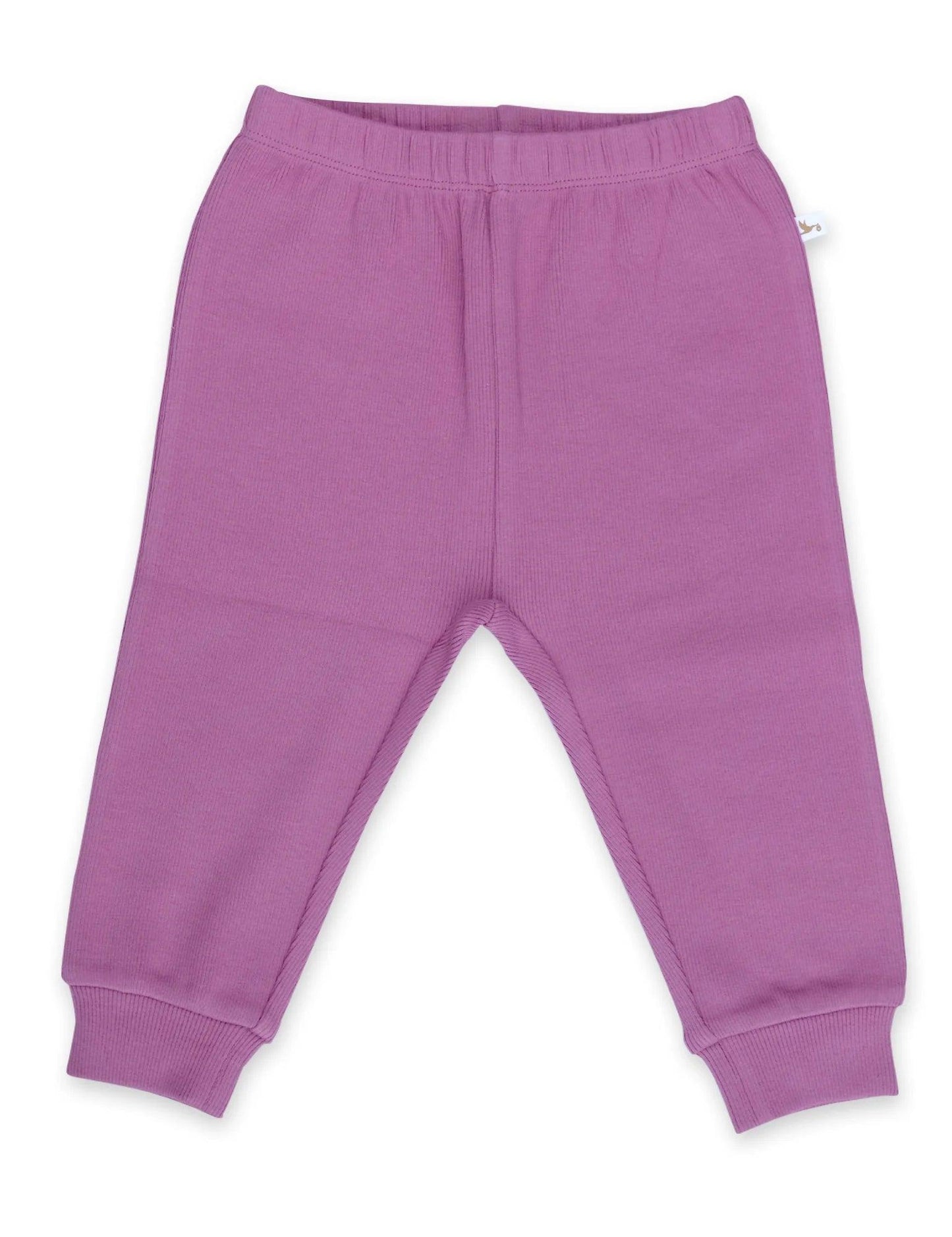 Mauve organic cotton baby pants with elastic waist and ribbed cuffs