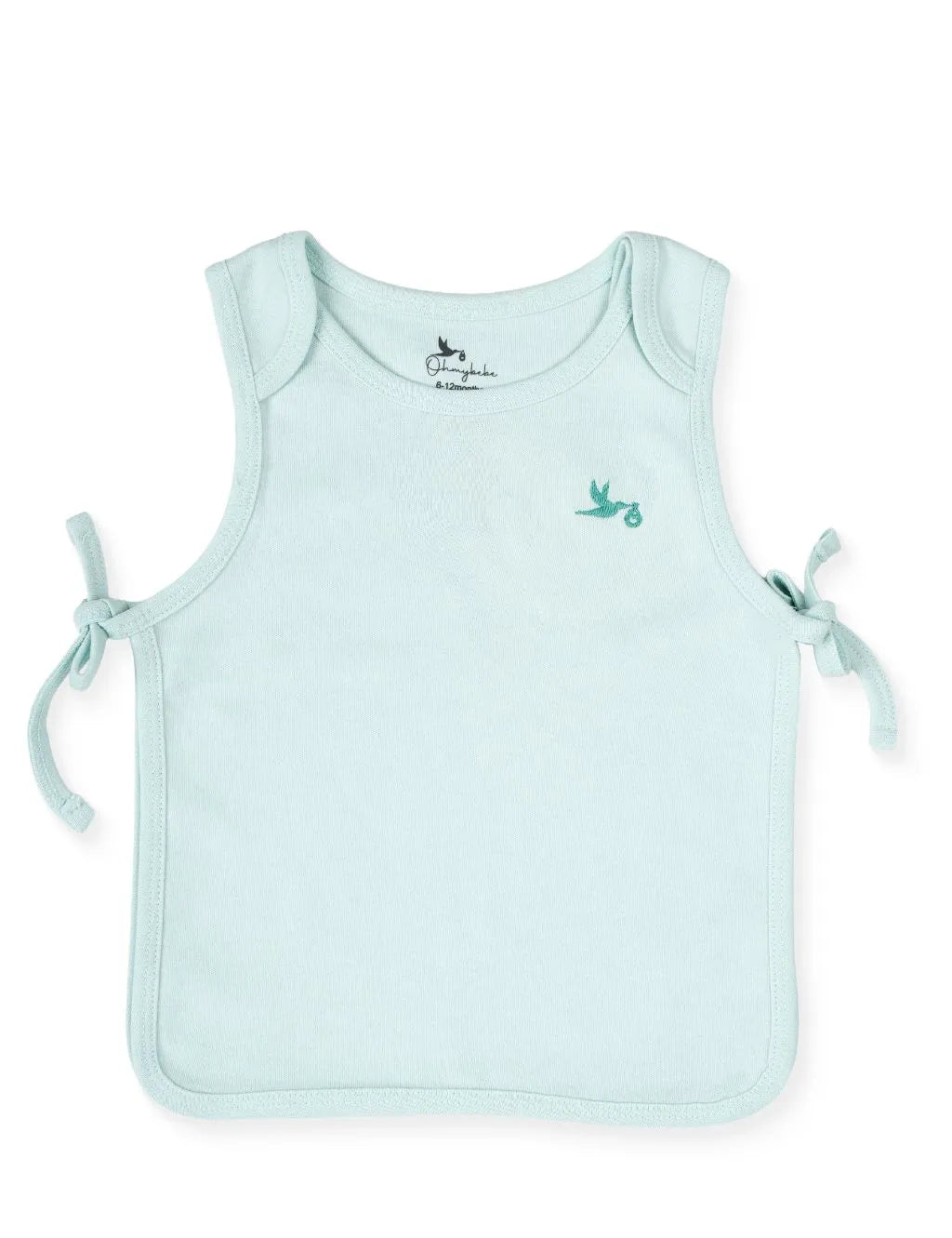 A sleeveless mint green baby tank top featuring a small embroidered bird graphic on the left chest, stitched trim along the edges, and adjustable side-tie closures on both sides, laid flat against a plain white background.