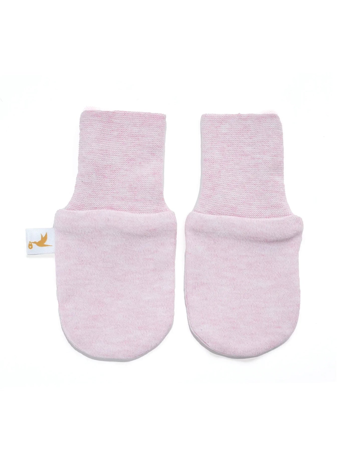 Pair of pale pink soft baby mittens with fold-over cuffs and a small white tag