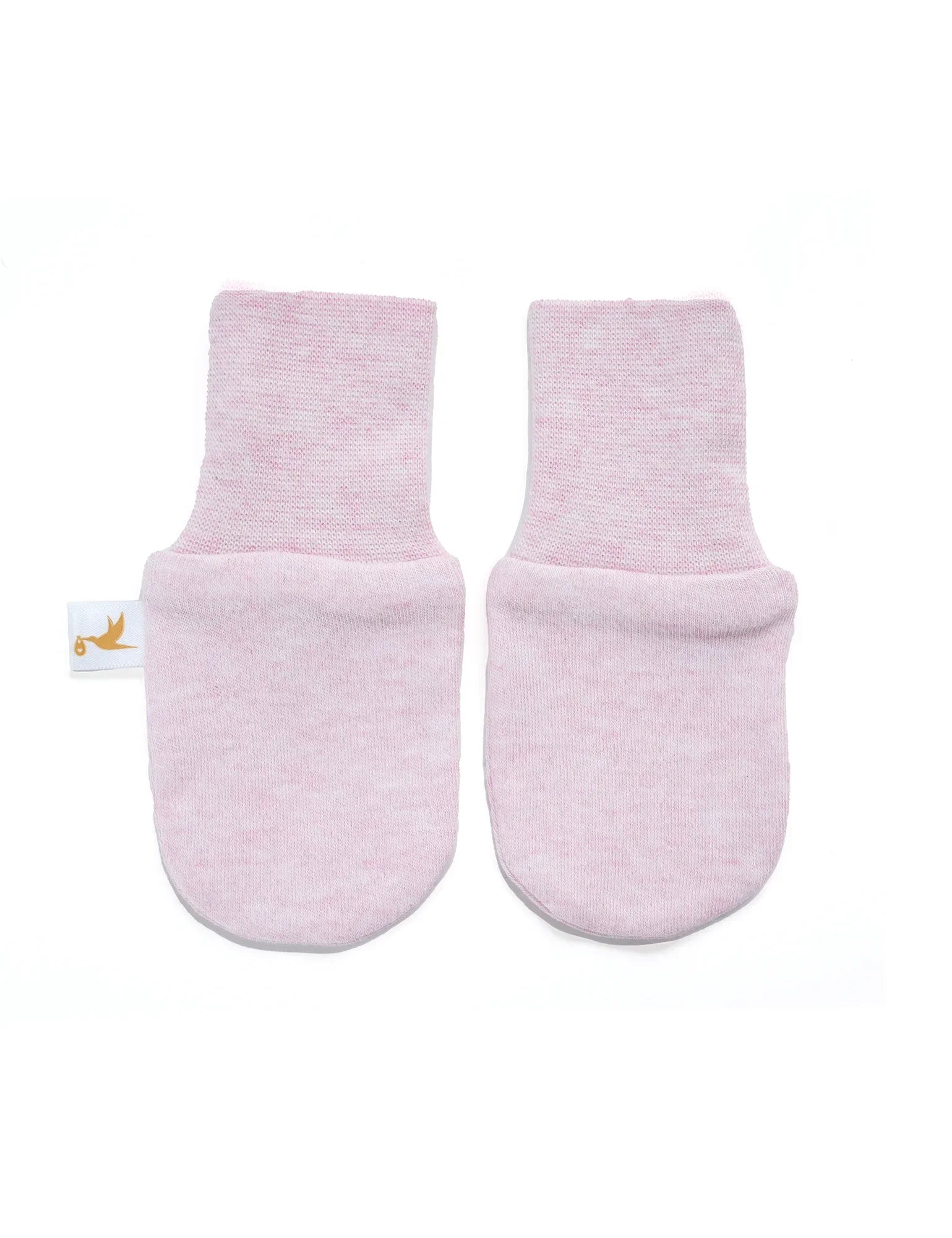 Pair of pale pink soft baby mittens with fold-over cuffs and a small white tag