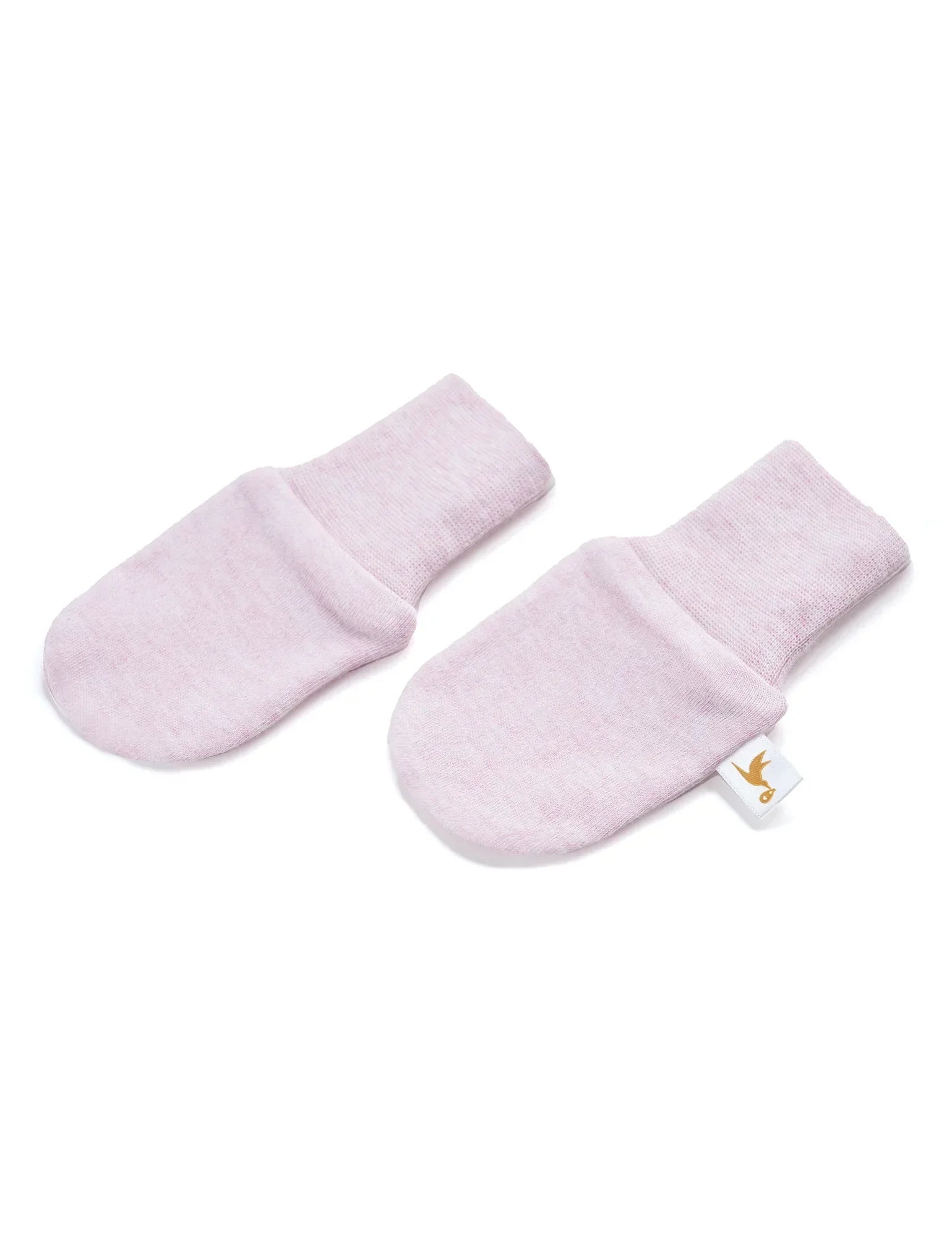 Pair of pale pink baby mittens with soft fabric and folded cuffs on white background