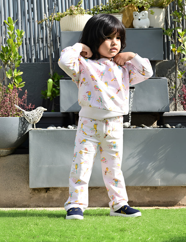 Organic Cotton Sweat Tee with Pant Set - Mother of Pearl / Parrot Print
