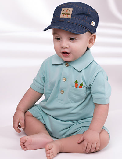 Mint Polo Romper & Denim Cap Set – Organic Cotton (2-Piece)