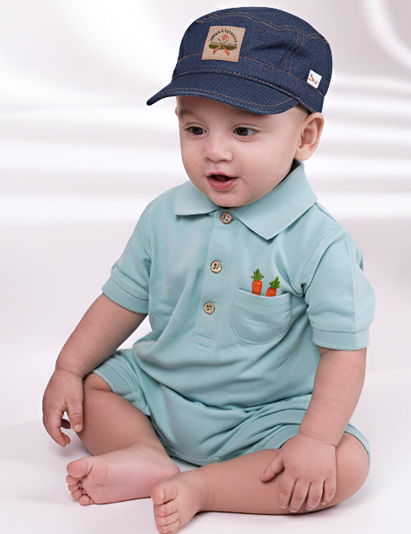 Mint Polo Romper & Denim Cap Set – Organic Cotton (2-Piece)