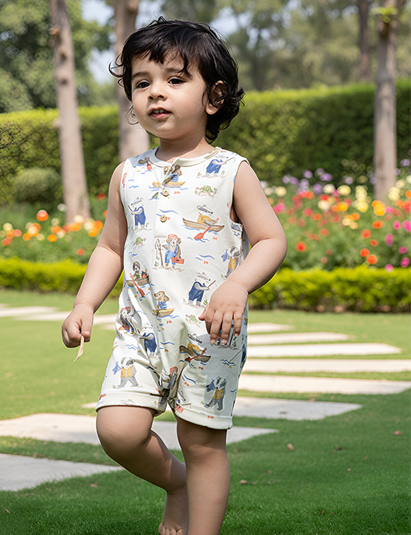 Organic Cotton Romper & Denim Hat Set – Cloud AOP & Dark Denim