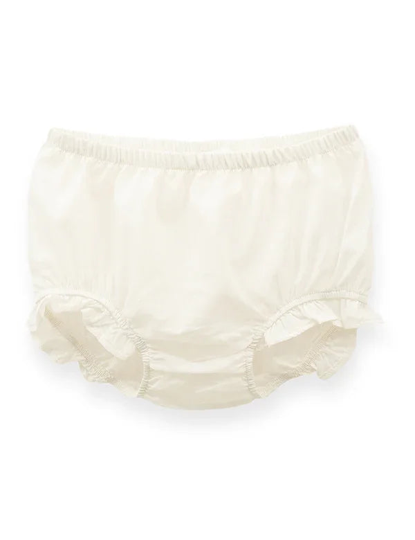 Cream-colored baby girl nappy cover with elastic waist and leg openings