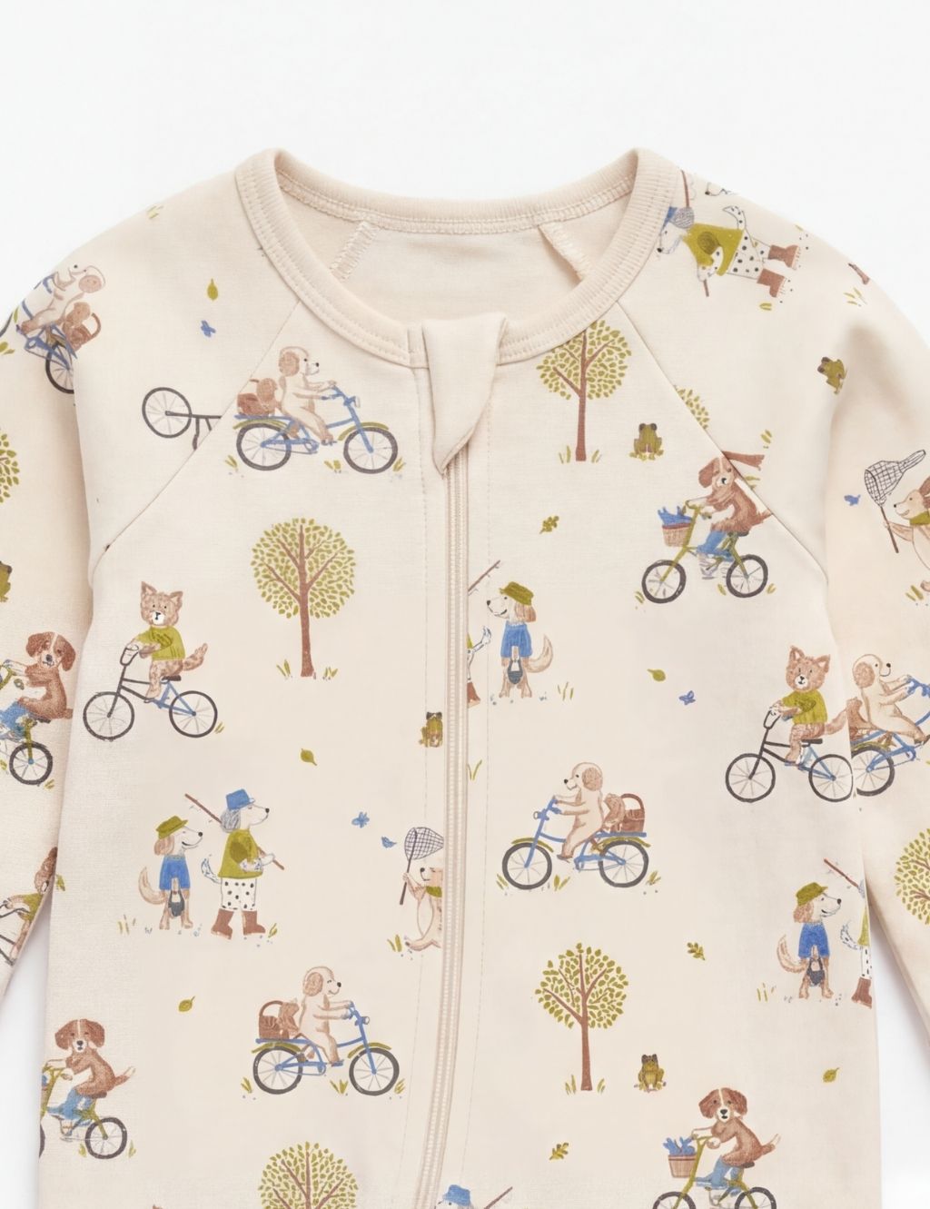Close-up of the neckline and zipper on the down river print organic baby romper.