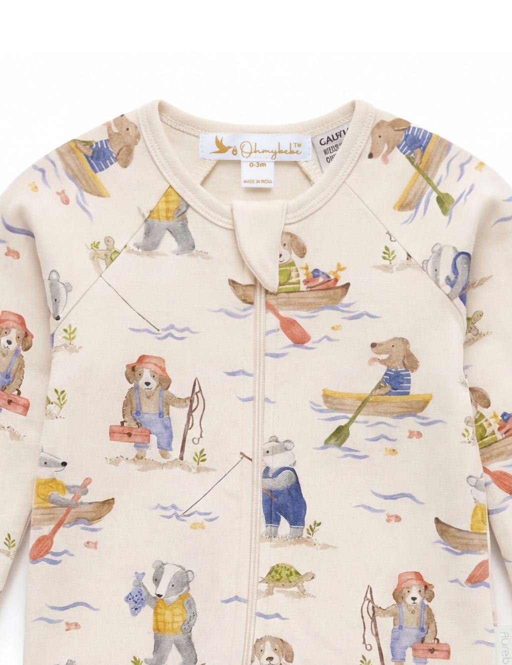 Close-up of the neckline and covered zipper on an organic cotton fisherman baby romper.