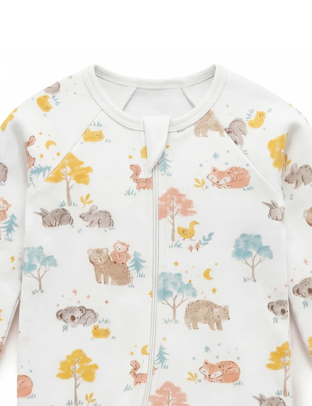 Close-up of the neckline and zipper on a white organic cotton little nap baby romper.