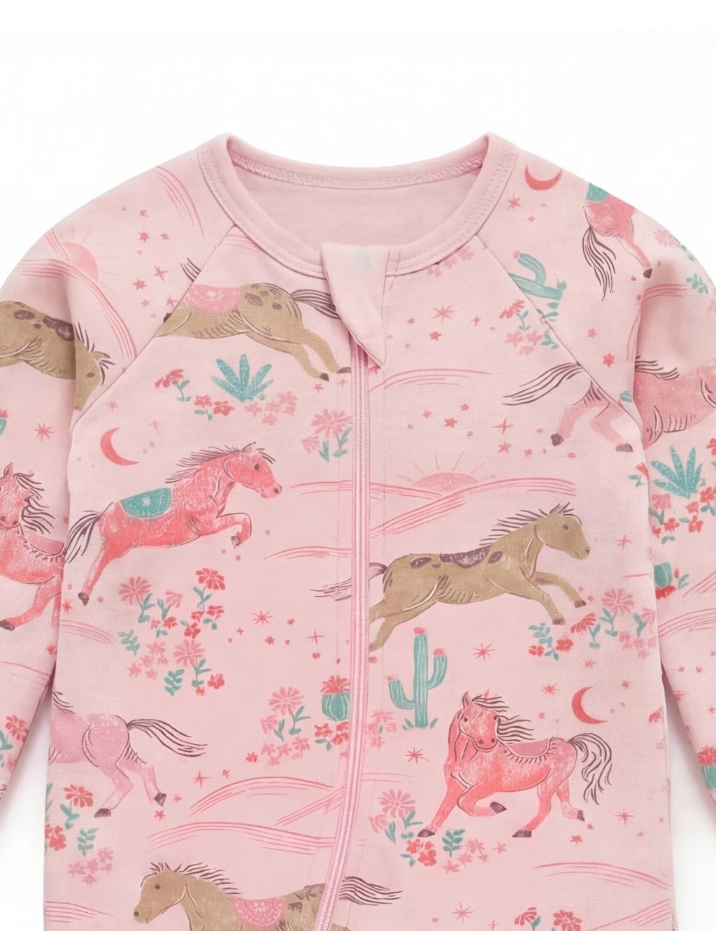 Close-up of the neckline and covered zipper on a pink desert horse baby romper.