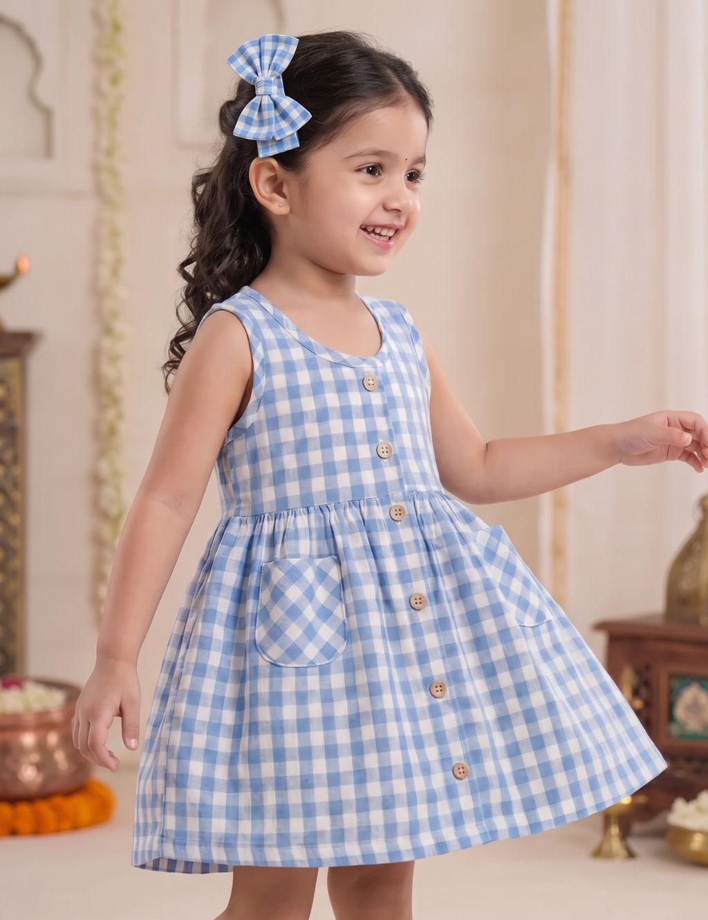 Organic Cotton Girls Sleeveless Gingham Dress with Hairclip