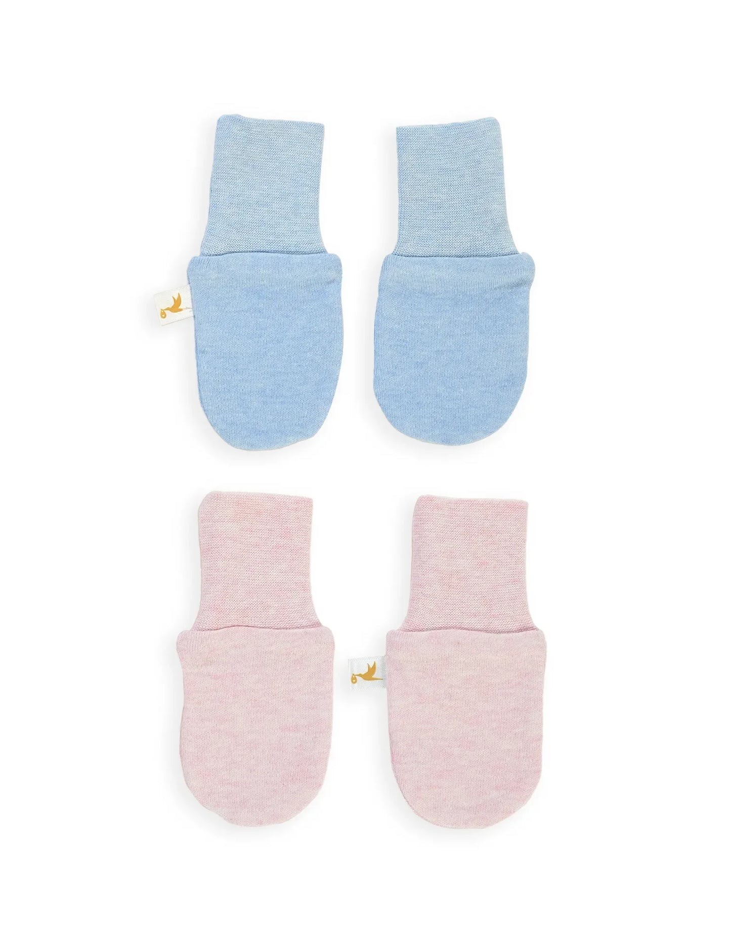 Two pairs of soft baby mittens in light blue and pale pink with gentle wrist cuffs on white background