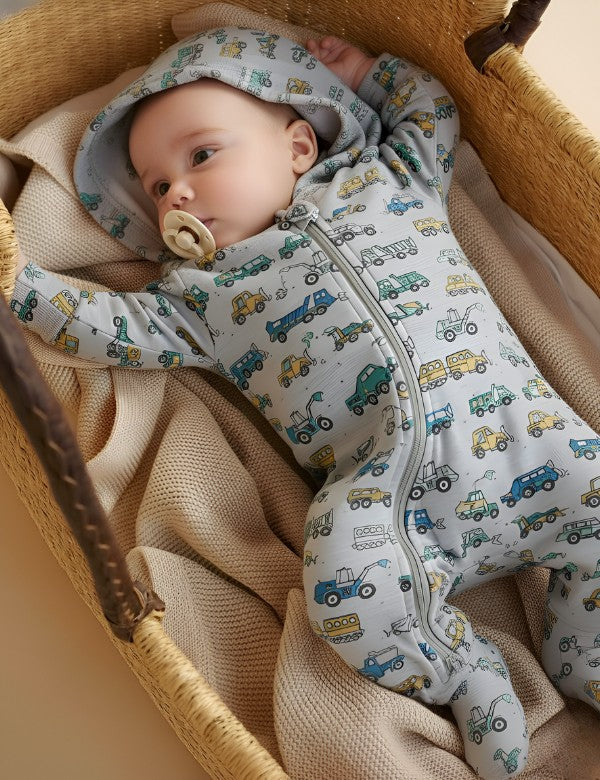Newborn baby wearing gray organic winter romper with truck print, lying in wicker bassinet with beige blanket