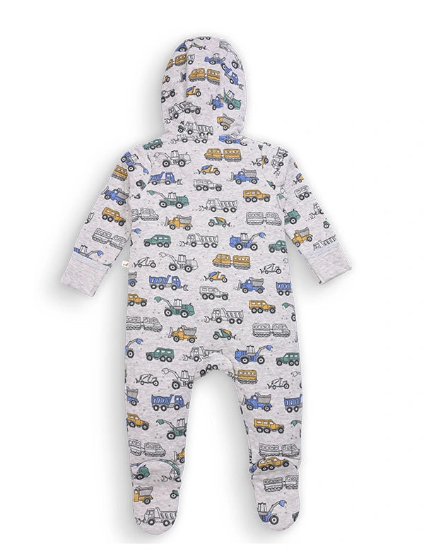 Back view of newborn organic cotton romper with colorful construction vehicle print and hood