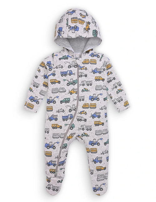 Organic Quilted Grey Truck Print Baby Romper with Hood