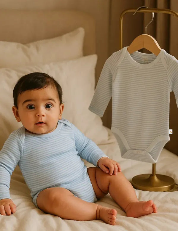 Organic Cotton Long sleeve bodysuit 2-pack-Striped Blue & Grey