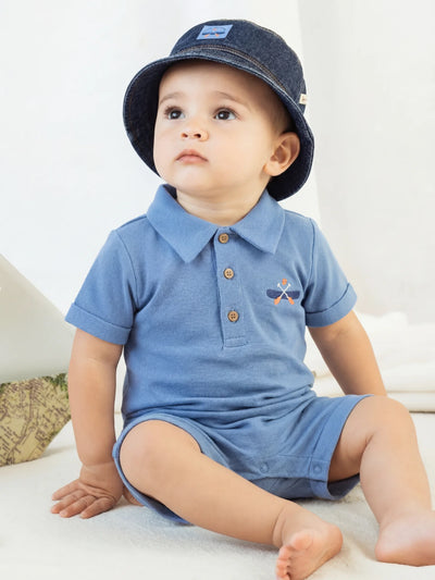 Pique Growsuit with Denim Hat – Soft Blue